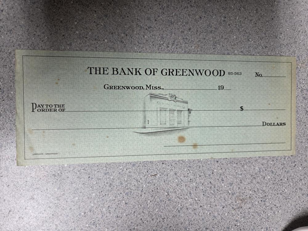A blank check from The Bank of Greenwood, Greenwood, Miss. — Grandmother's scratch paper of choice