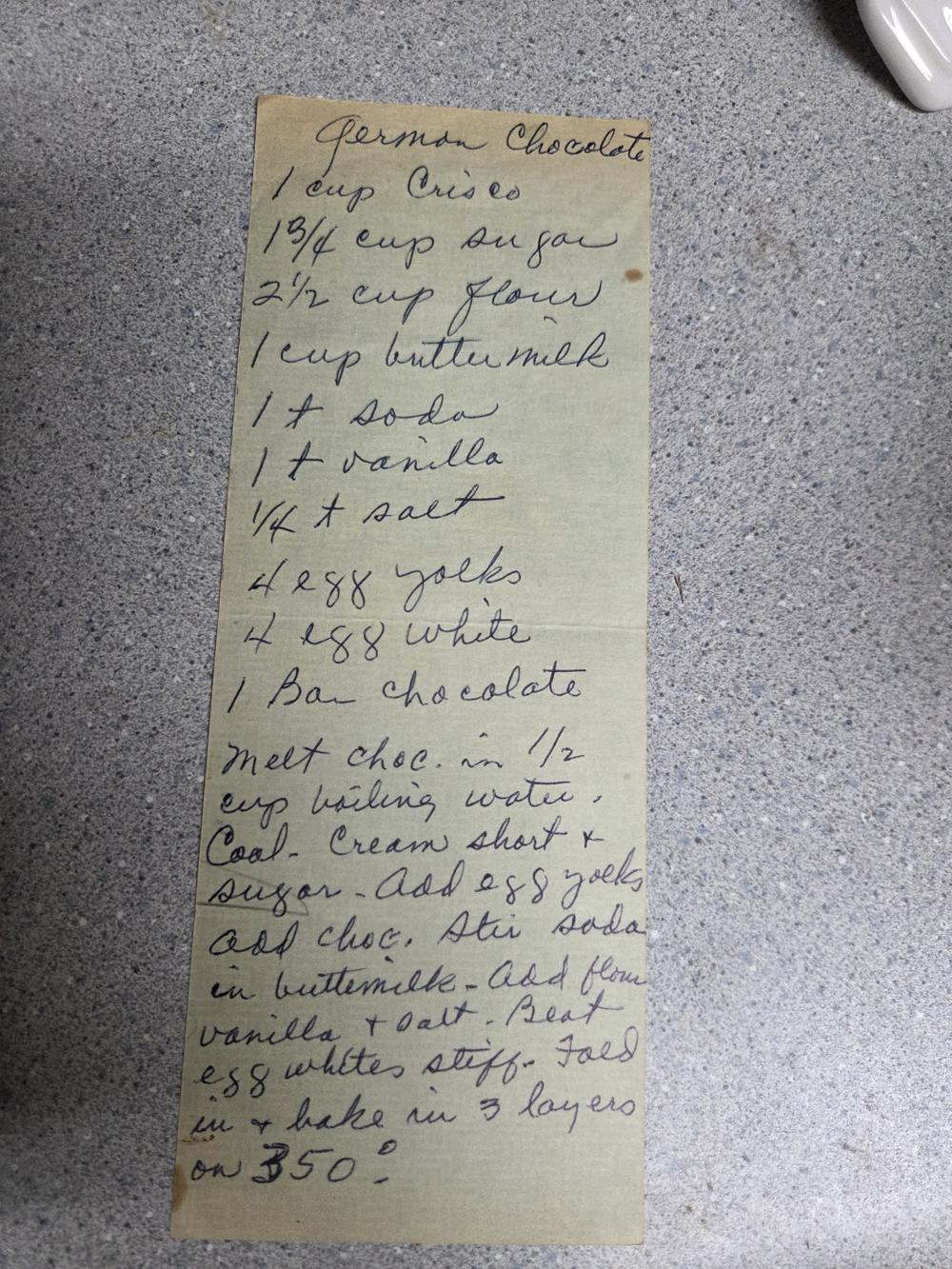 Grandmother's German chocolate cake, written on a green scrap of paper