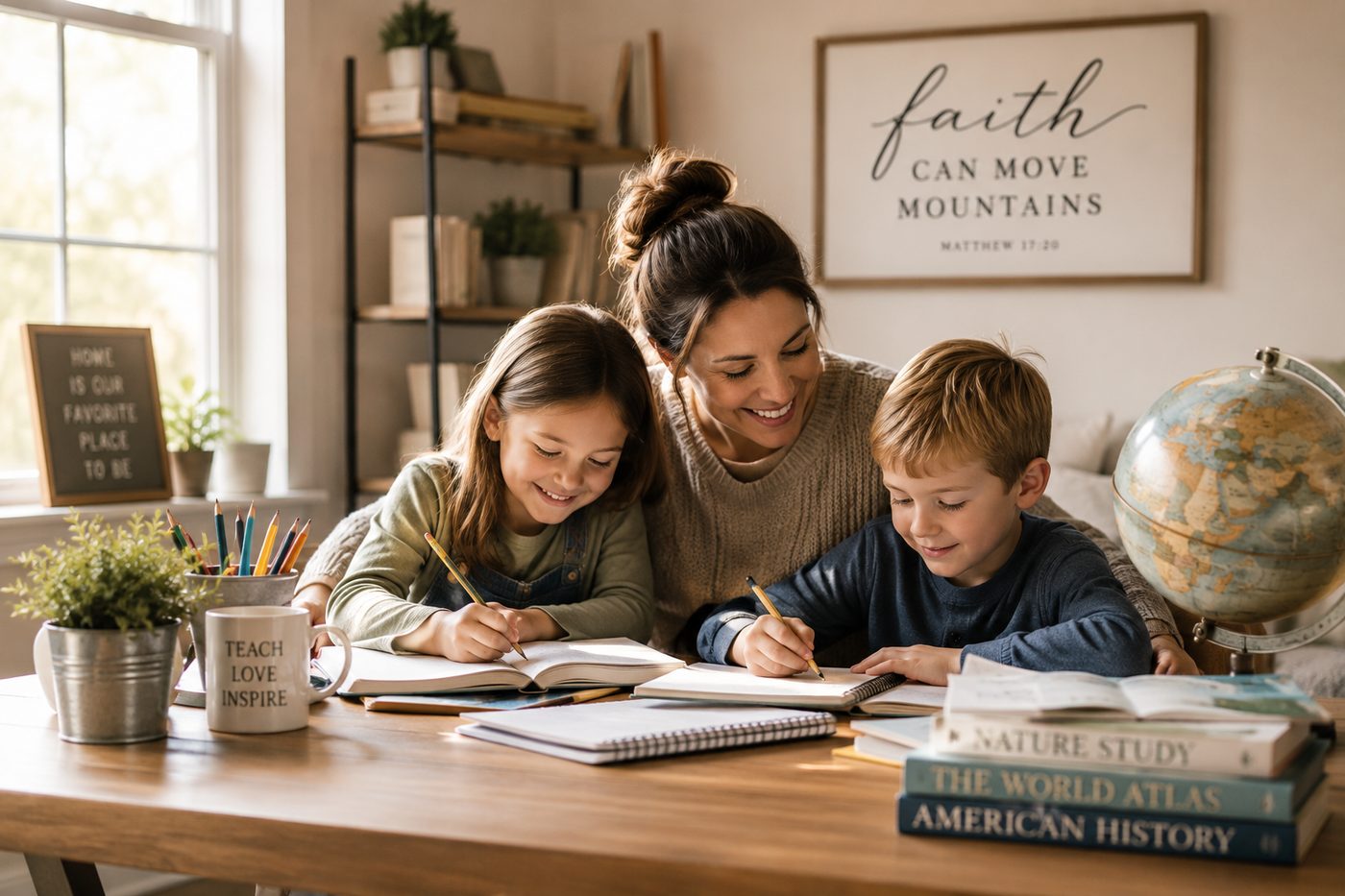 A homeschool mom helping her two children with their lessons at the kitchen table