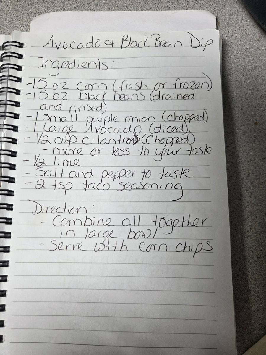 Becky's handwritten Avocado & Black Bean Dip recipe — notebook page 1