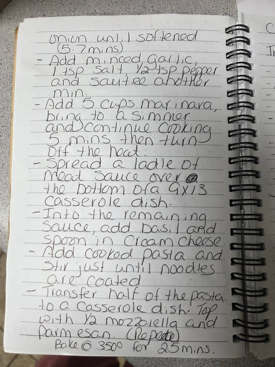 Becky's handwritten Baked Ziti recipe — notebook page 2
