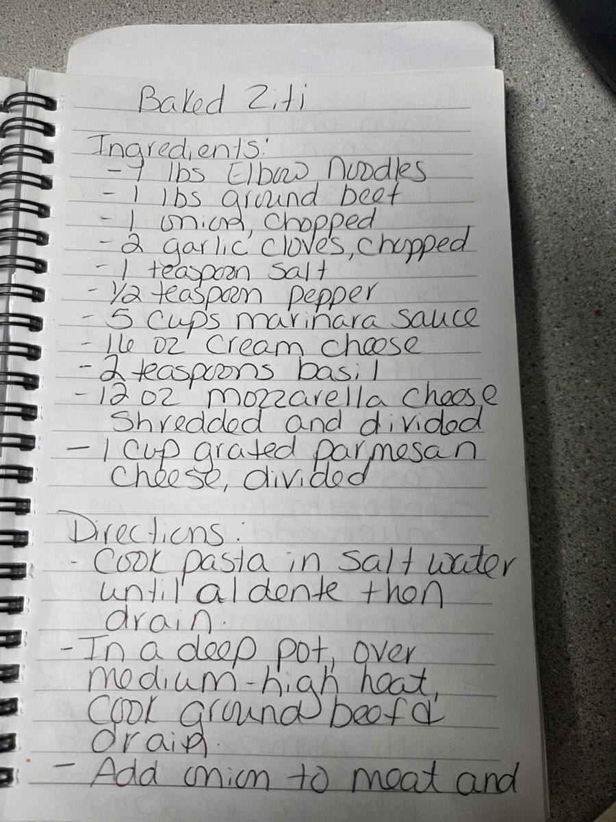 Becky's handwritten Baked Ziti recipe — notebook page 1