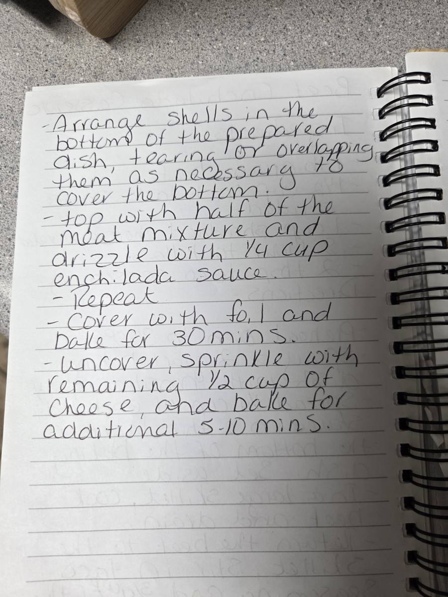 Becky's handwritten Beef Enchilada Casserole recipe — notebook page 2