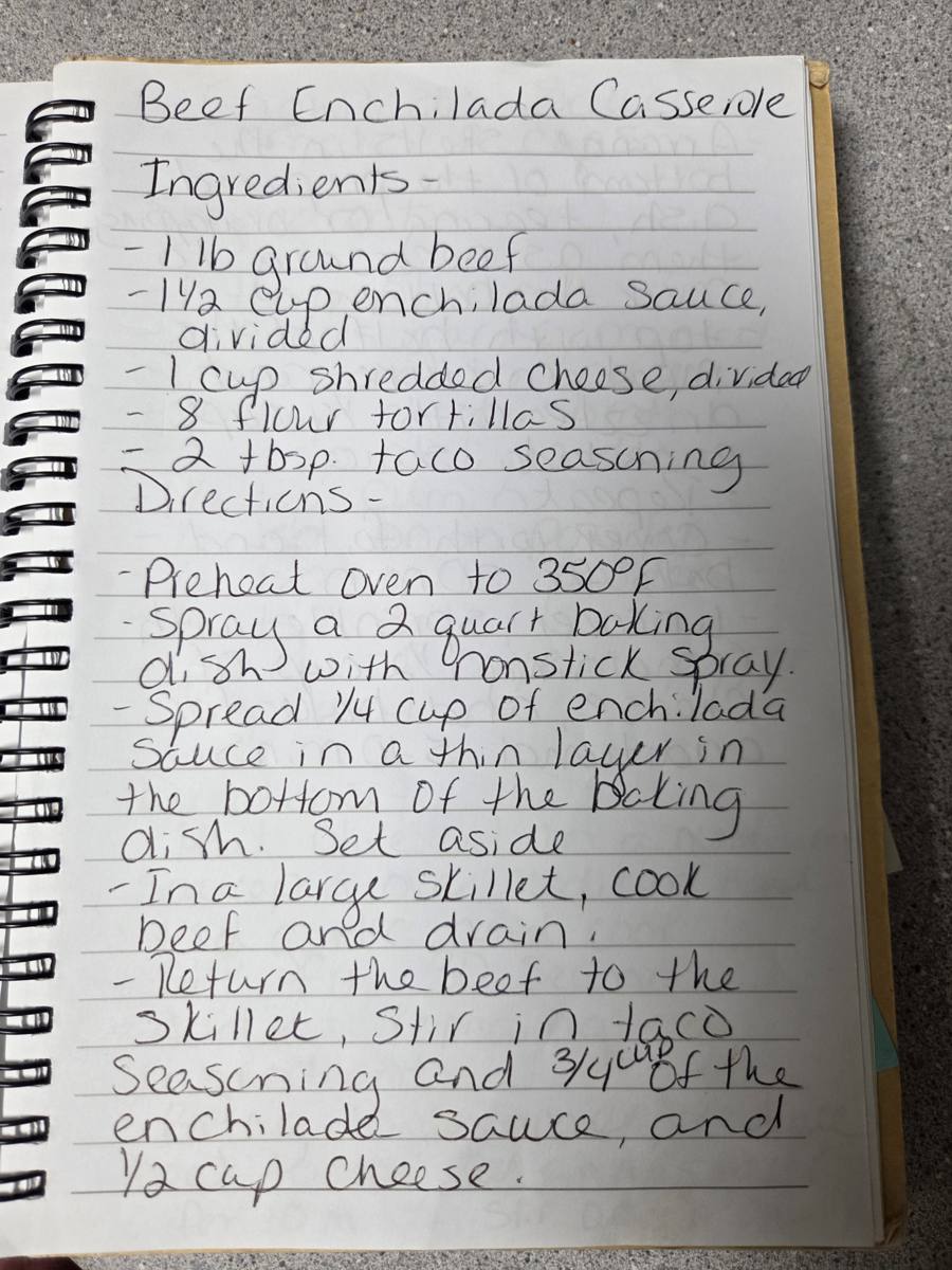 Becky's handwritten Beef Enchilada Casserole recipe — notebook page 1