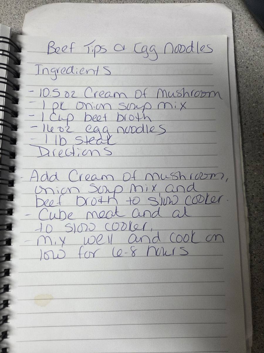 Becky's handwritten Beef Tips and Egg Noodles recipe — notebook page 1