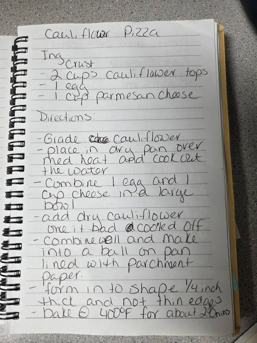 Becky's handwritten Cauliflower Pizza Crust recipe — notebook page 1