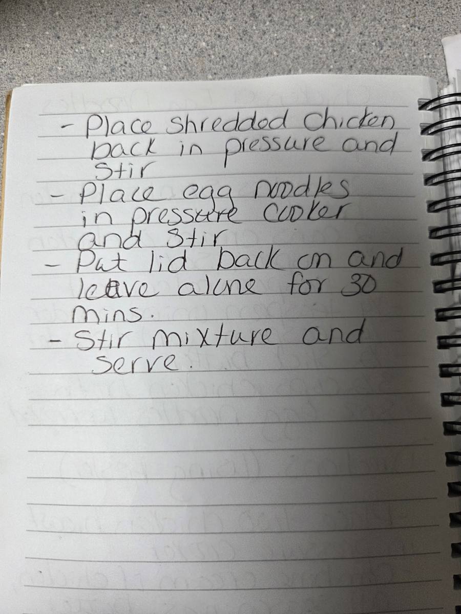 Becky's handwritten Chicken and Egg Noodles recipe — notebook page 2