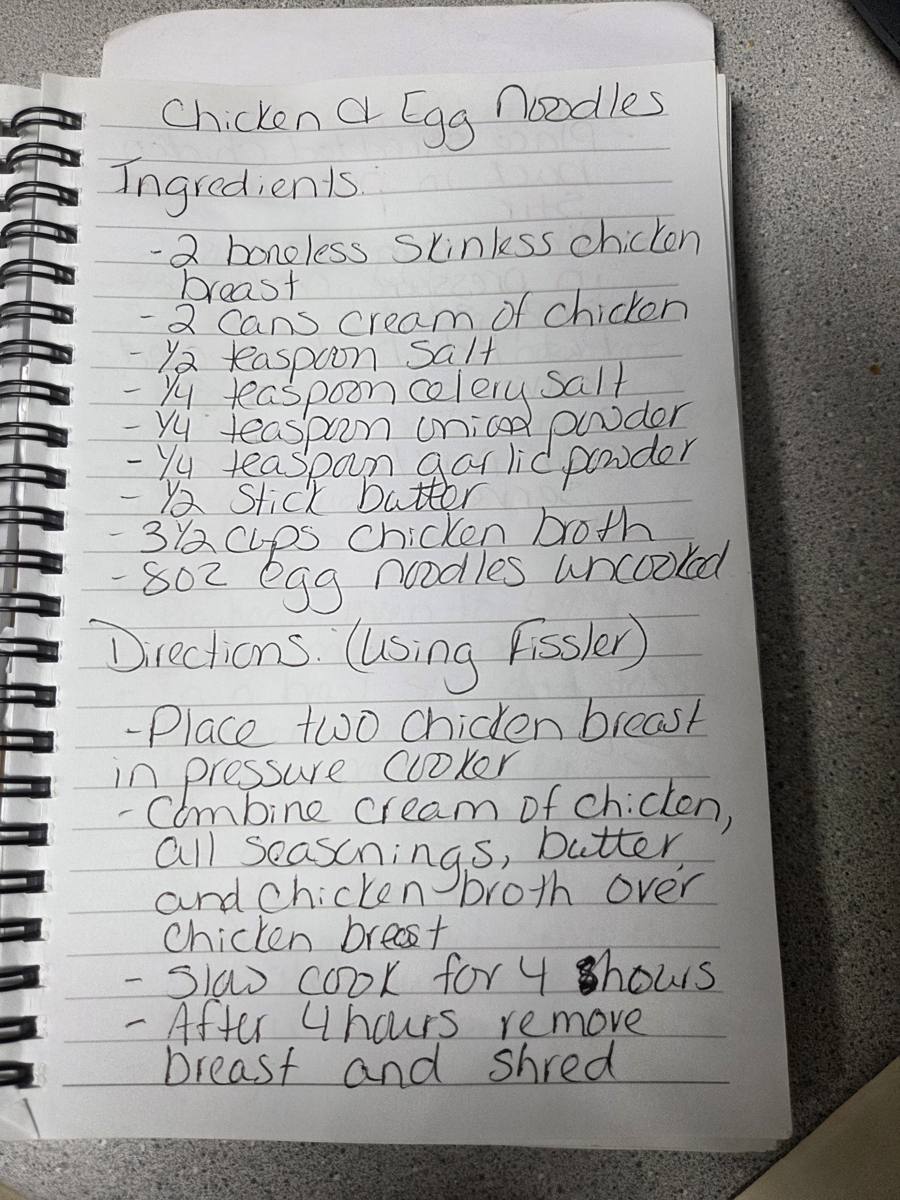 Becky's handwritten Chicken and Egg Noodles recipe — notebook page 1