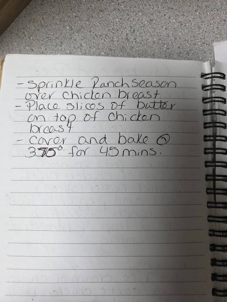 Becky's handwritten Chicken and Rice recipe — notebook page 2