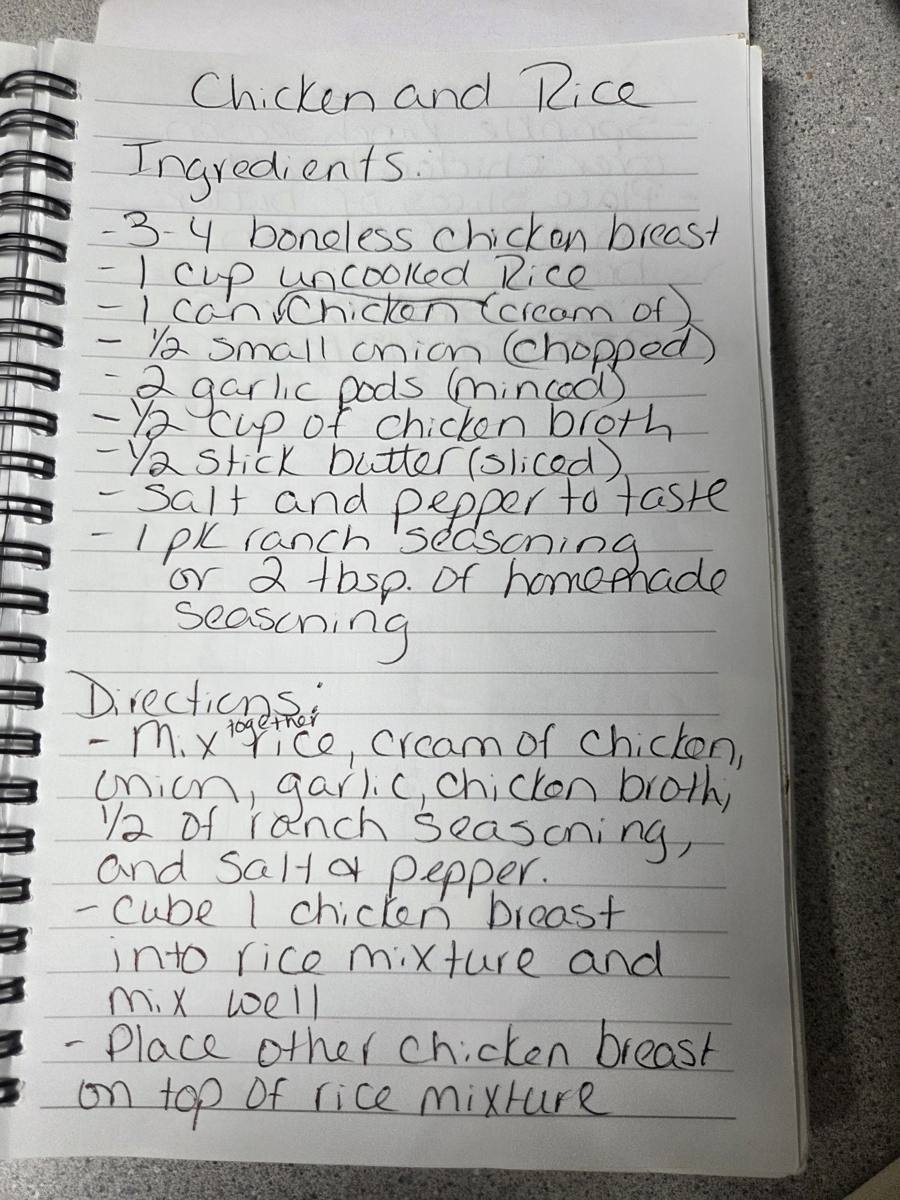 Becky's handwritten Chicken and Rice recipe — notebook page 1