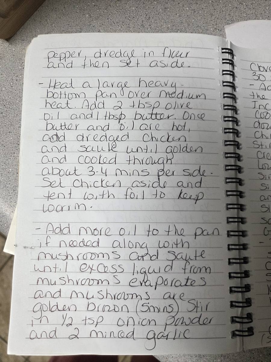 Becky's handwritten Chicken Marsala recipe — notebook page 2