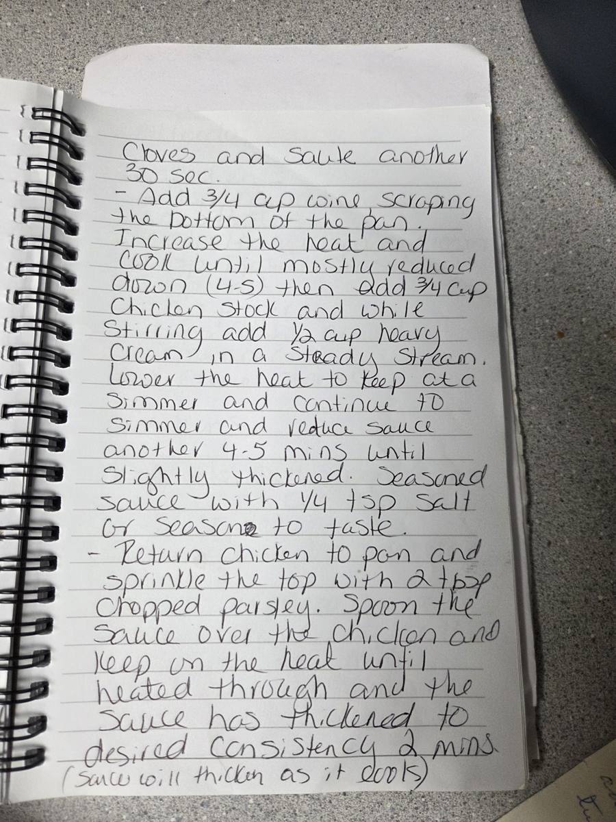 Becky's handwritten Chicken Marsala recipe — notebook page 3