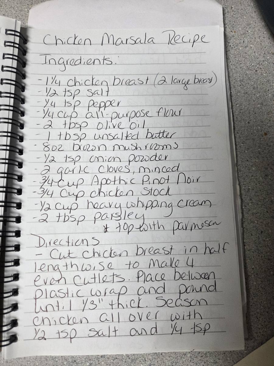 Becky's handwritten Chicken Marsala recipe — notebook page 1