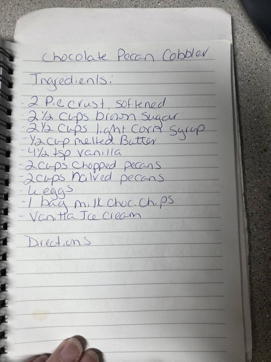 Becky's handwritten Chocolate Pecan Cobbler recipe — notebook page 1