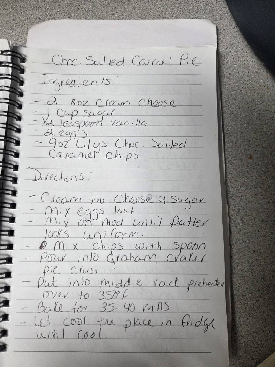 Becky's handwritten Chocolate Salted Caramel Pie recipe — notebook page 1