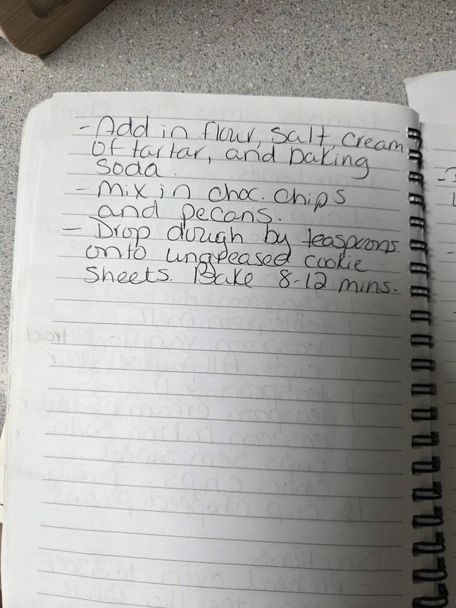 Becky's handwritten Copycat Famous Amos Chocolate Chip Pecan Cookies recipe — notebook page 2