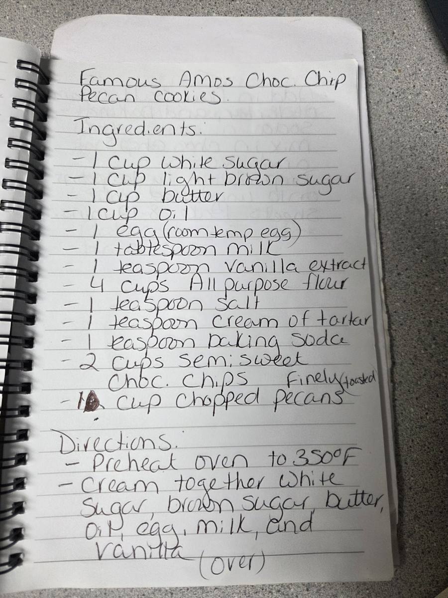 Becky's handwritten Copycat Famous Amos Chocolate Chip Pecan Cookies recipe — notebook page 1