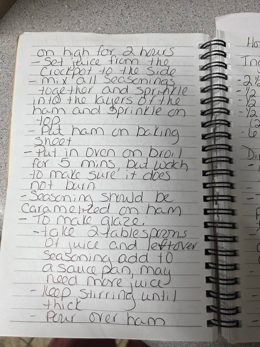Becky's handwritten Copycat Honey Baked Ham recipe — notebook page 2