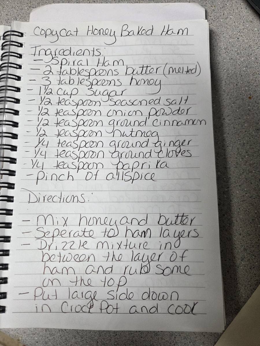 Becky's handwritten Copycat Honey Baked Ham recipe — notebook page 1