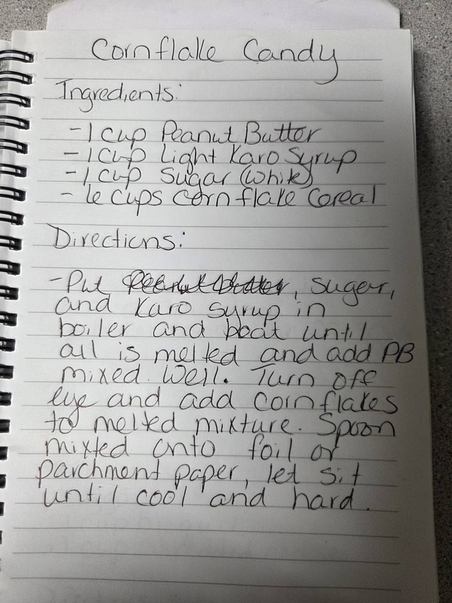 Becky's handwritten Cornflake Candy recipe — notebook page 1