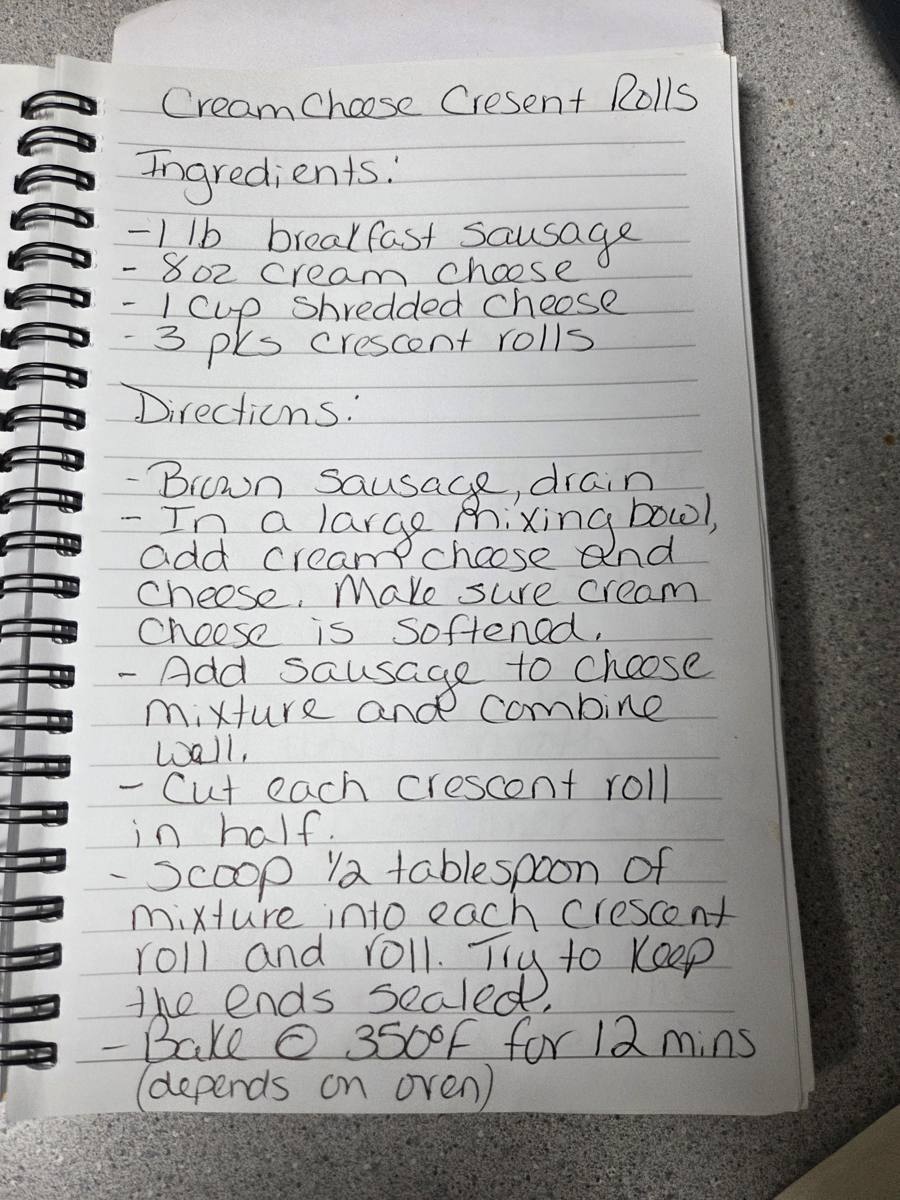 Becky's handwritten Cream Cheese Crescent Rolls recipe — notebook page 1