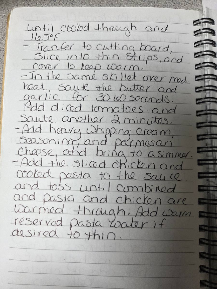 Becky's handwritten Creamy Blackened Chicken Pasta recipe — notebook page 2