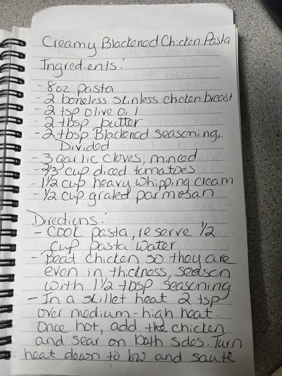 Becky's handwritten Creamy Blackened Chicken Pasta recipe — notebook page 1