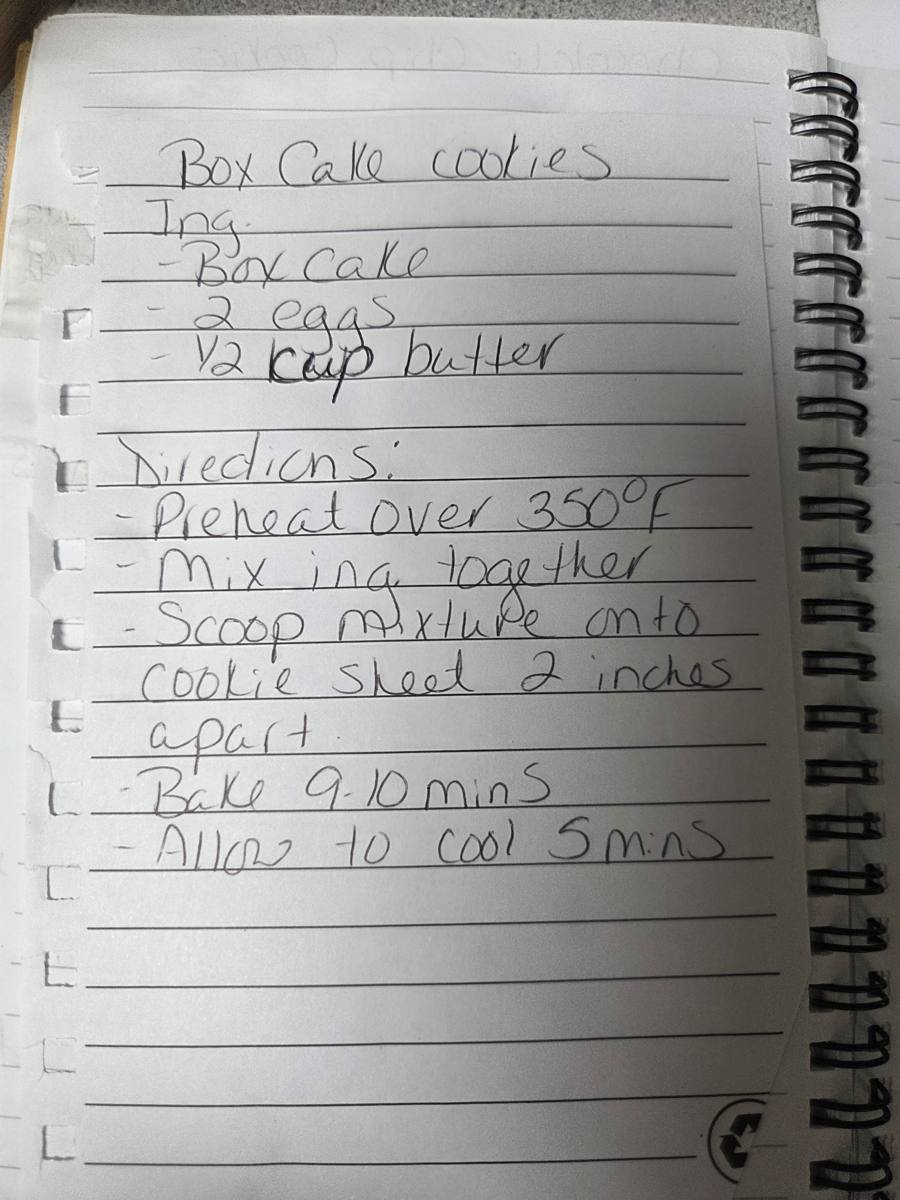 Becky's handwritten Easy Box Cake Cookies recipe — notebook page 1