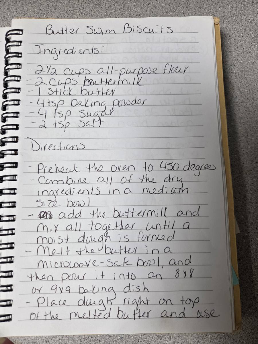 Becky's handwritten Easy Butter Swim Biscuits recipe — notebook page 1
