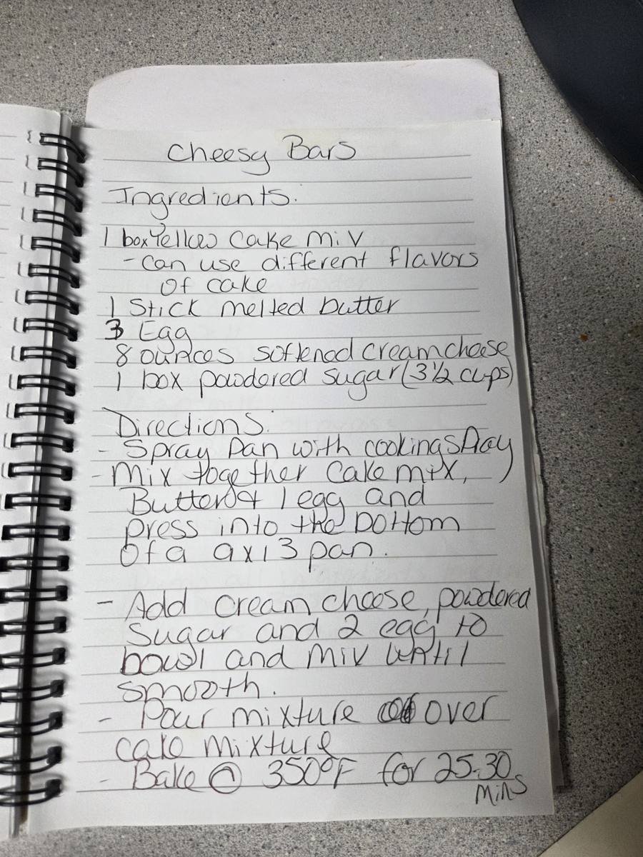 Becky's handwritten Easy Cheesy Bars recipe — notebook page 1