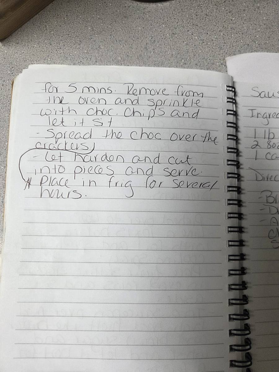 Becky's handwritten Easy Christmas Crack recipe — notebook page 2