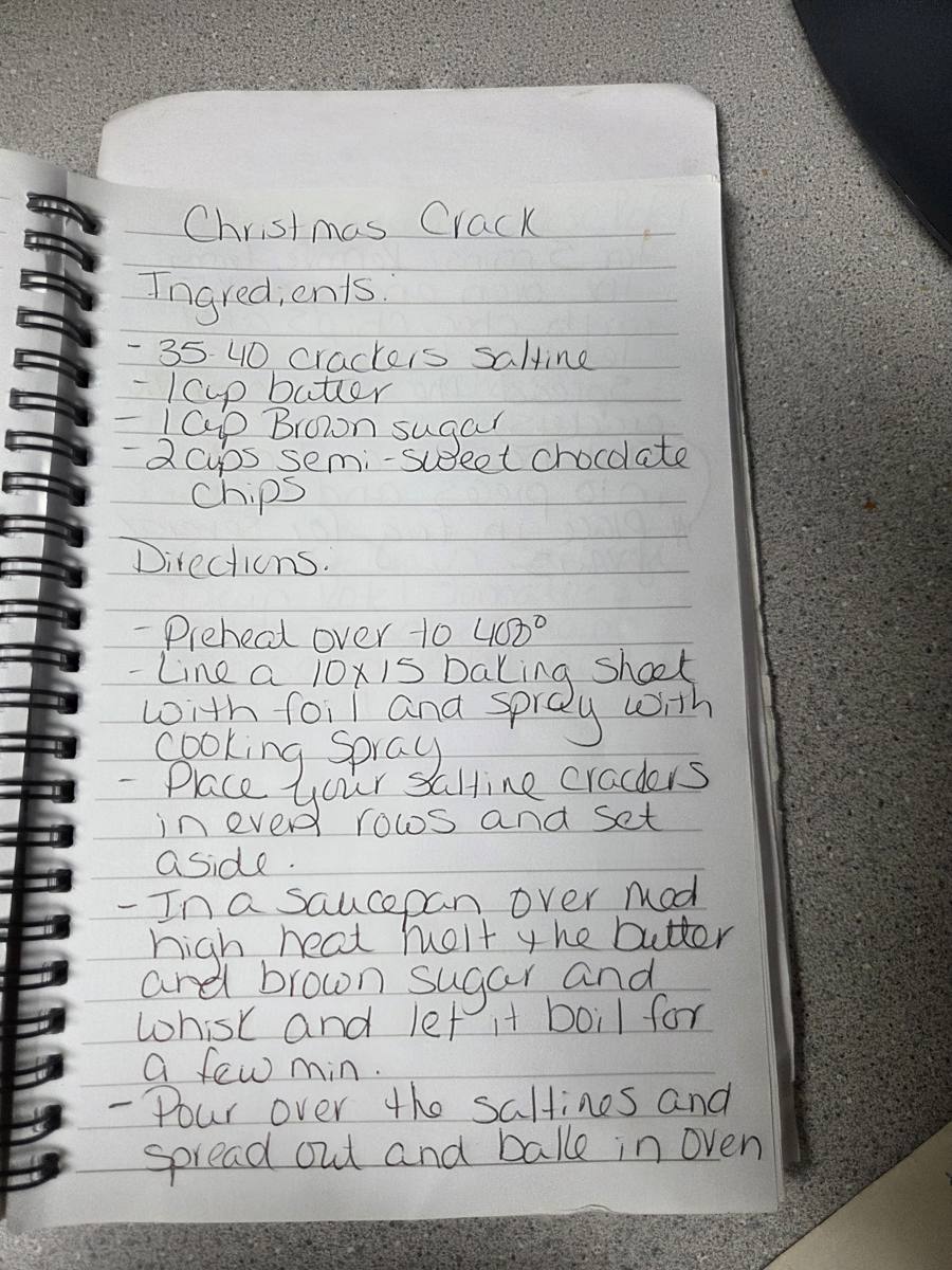 Becky's handwritten Easy Christmas Crack recipe — notebook page 1
