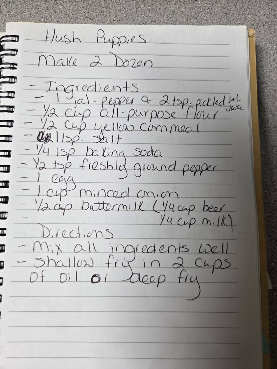 Becky's handwritten Easy Hush Puppies recipe — notebook page 1