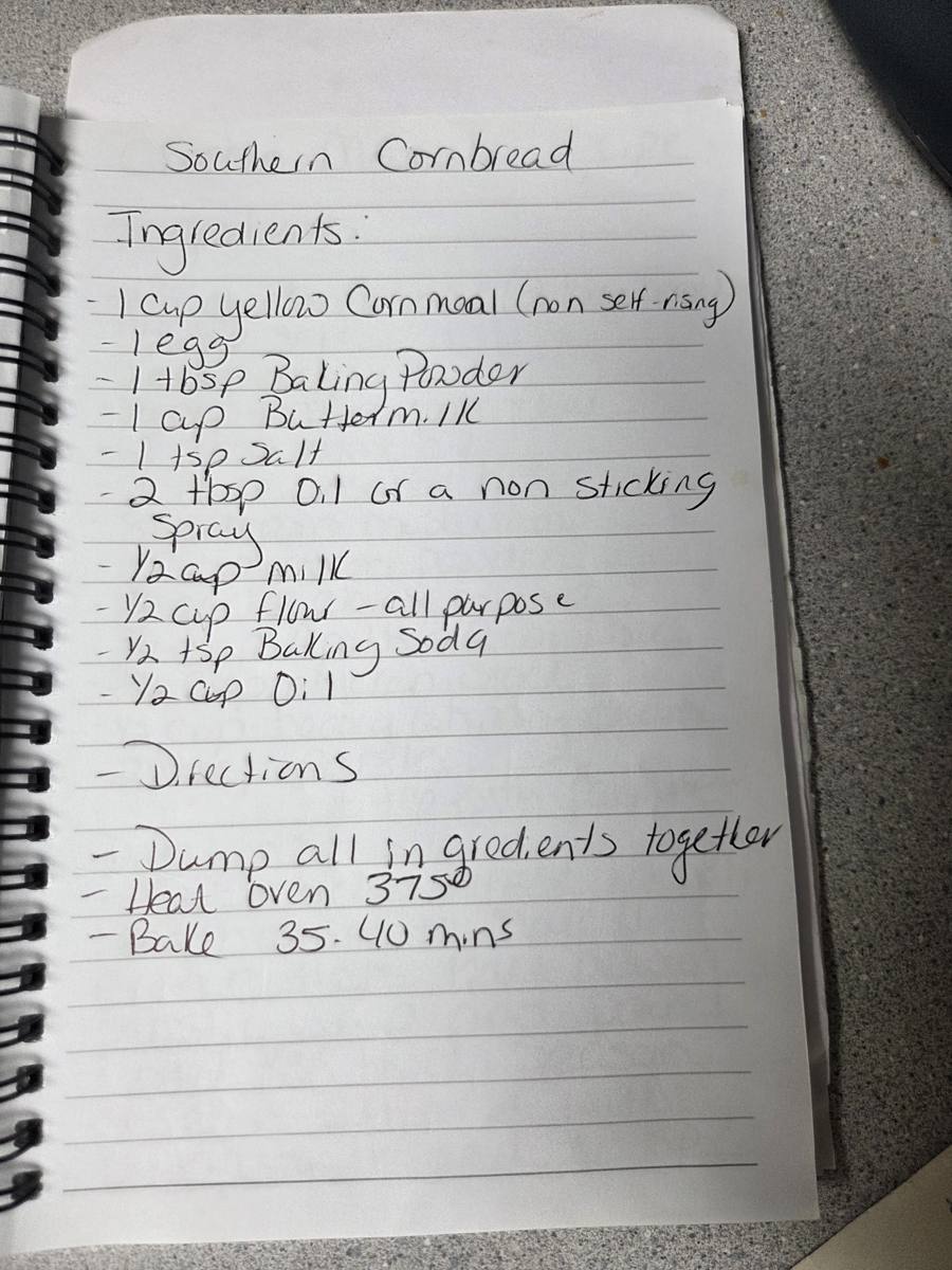 Becky's handwritten Easy Southern Cornbread recipe — notebook page 1
