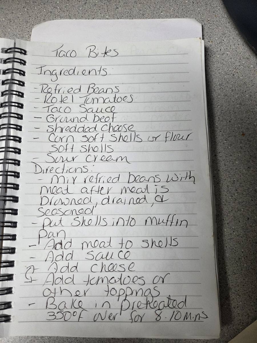 Becky's handwritten Easy Taco Bites recipe — notebook page 1