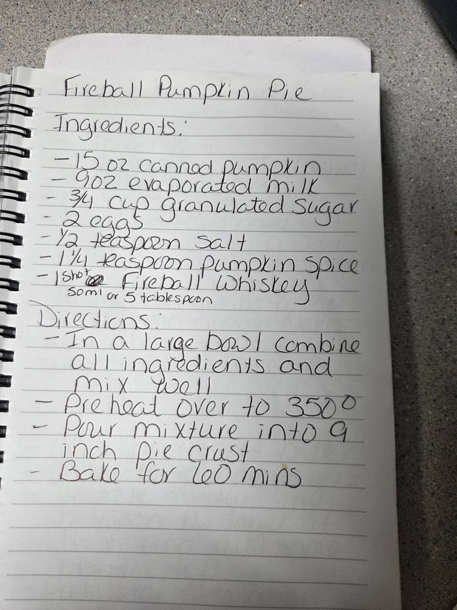 Becky's handwritten Fireball Pumpkin Pie recipe — notebook page 1