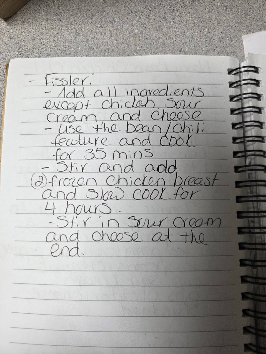 Becky's handwritten Fissler Navy Bean Chicken Chili recipe — notebook page 2