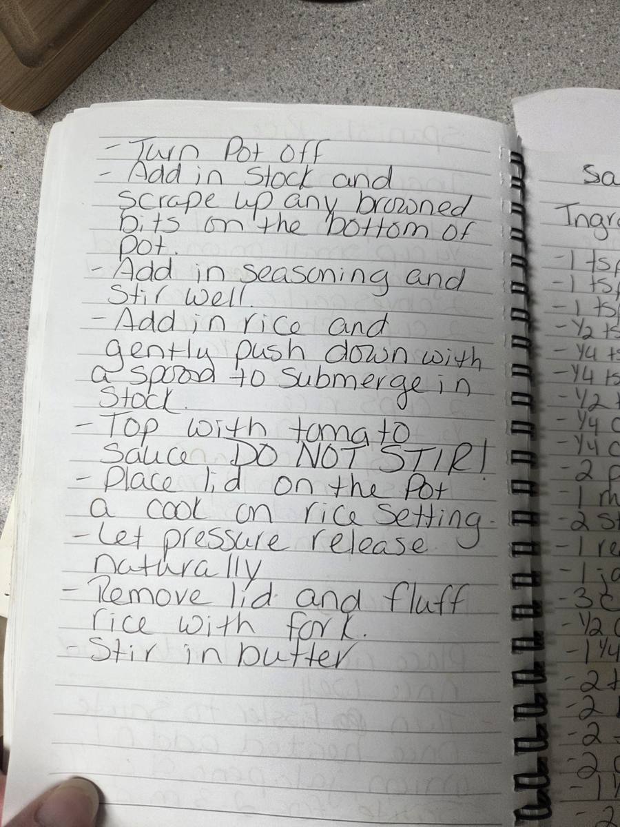 Becky's handwritten Fissler Spanish Rice recipe — notebook page 2