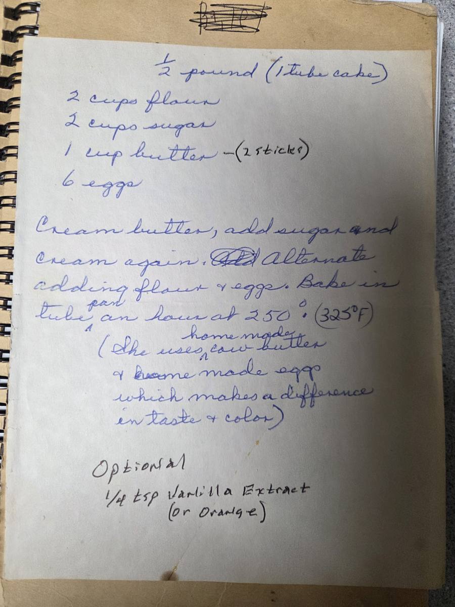 Becky's handwritten Grandmother's Pound Cake recipe — notebook page 1