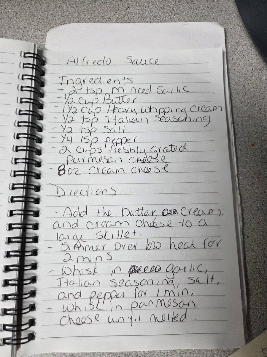 Becky's handwritten Homemade Alfredo Sauce recipe — notebook page 1
