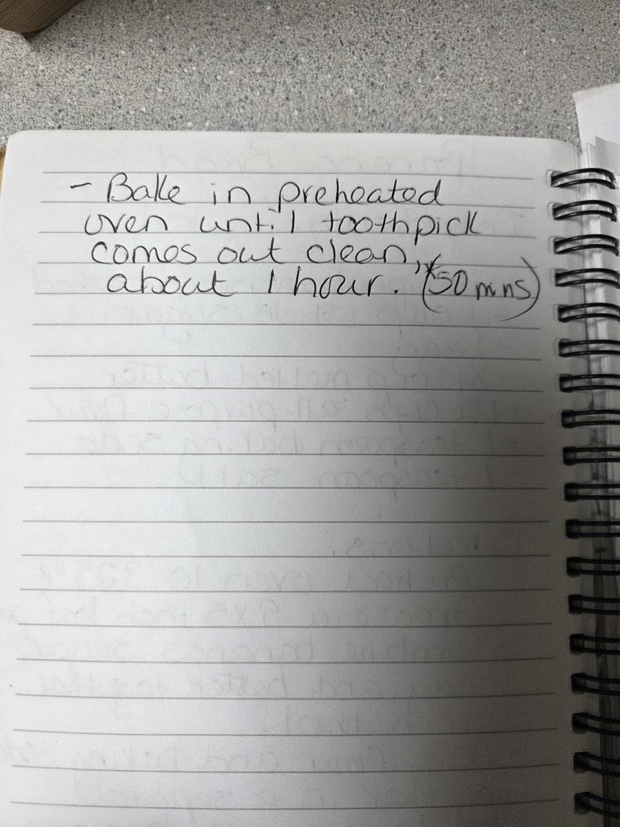 Becky's handwritten Homemade Banana Bread recipe — notebook page 2