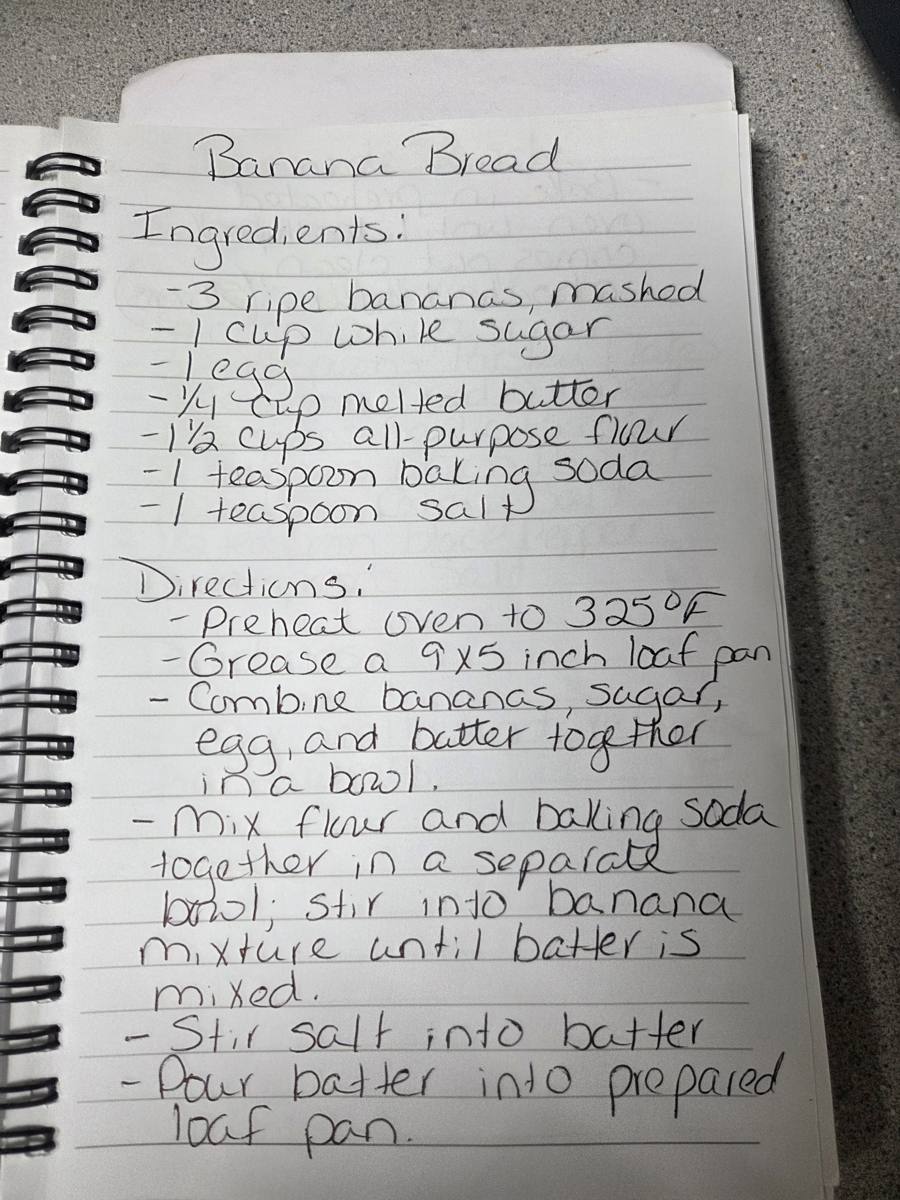 Becky's handwritten Homemade Banana Bread recipe — notebook page 1