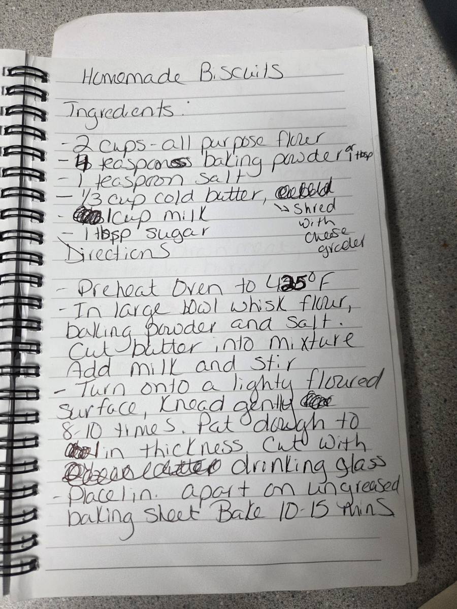 Becky's handwritten Homemade Biscuits recipe — notebook page 1