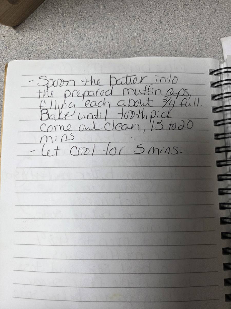 Becky's handwritten Homemade Blueberry Muffins recipe — notebook page 2