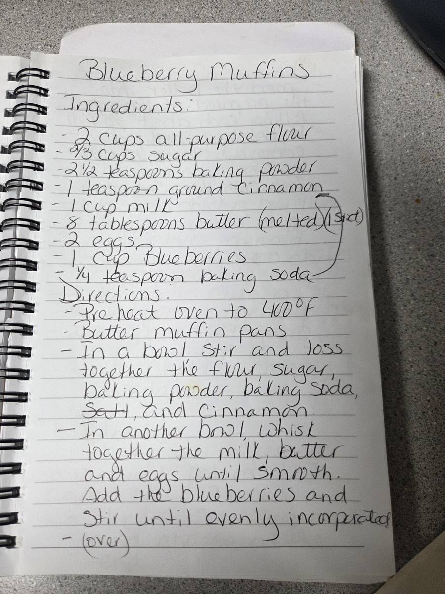 Becky's handwritten Homemade Blueberry Muffins recipe — notebook page 1