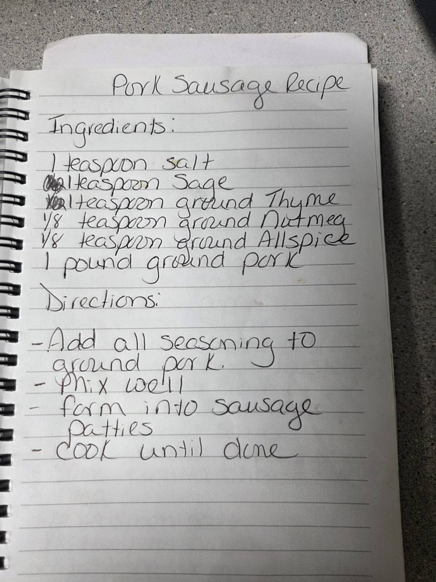 Becky's handwritten Homemade Breakfast Sausage recipe — notebook page 1
