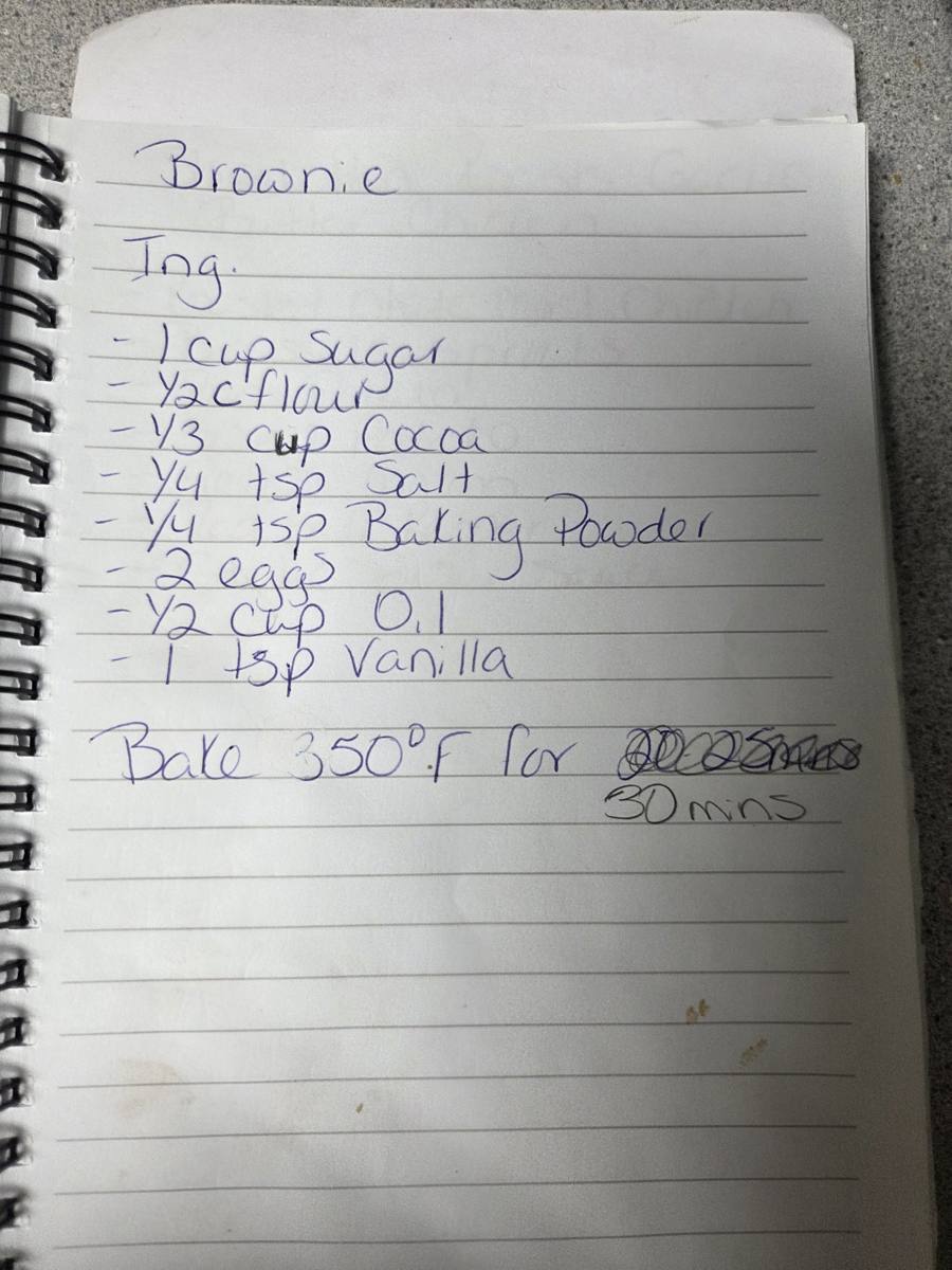 Becky's handwritten Homemade Brownies recipe — notebook page 1