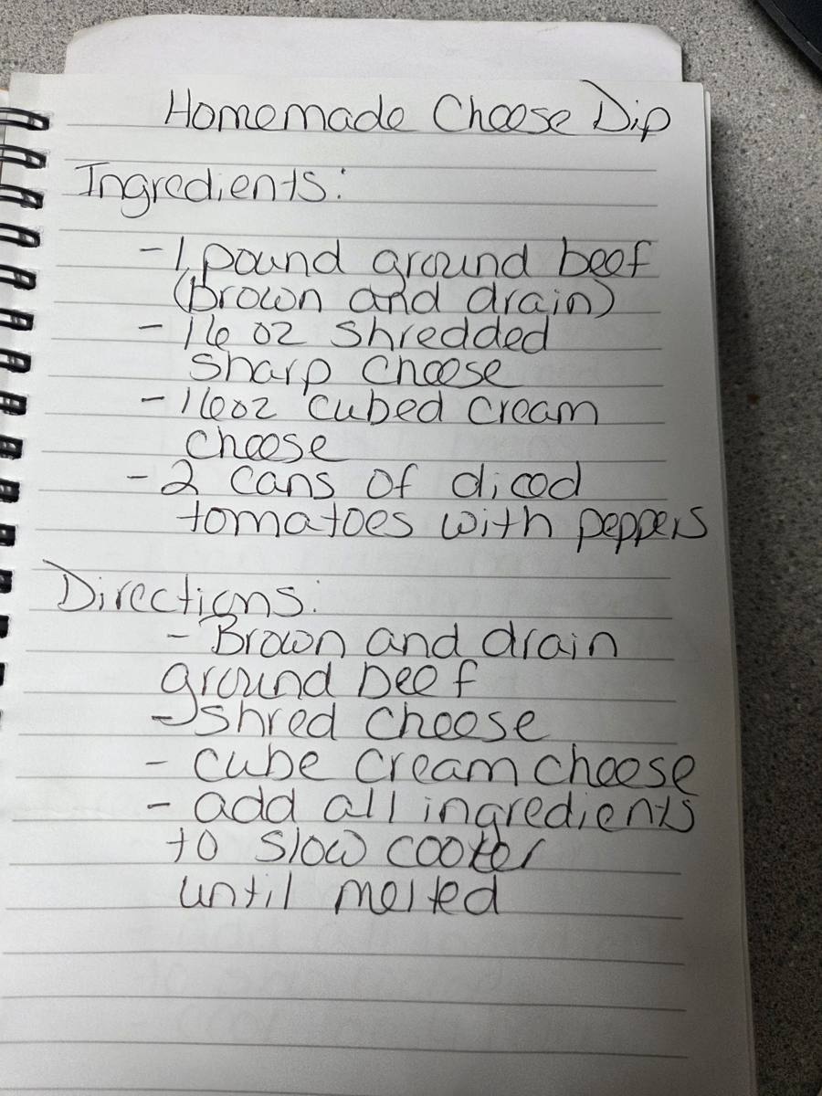 Becky's handwritten Homemade Cheese Dip recipe — notebook page 1