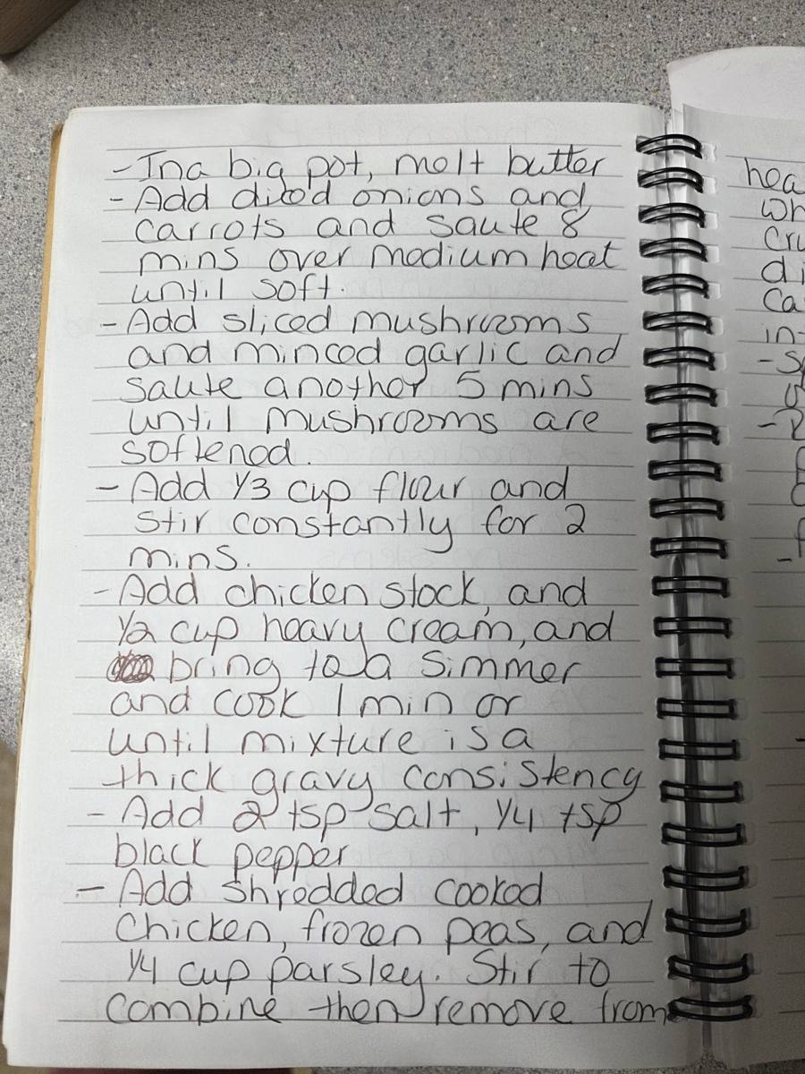 Becky's handwritten Homemade Chicken Pot Pie recipe — notebook page 2
