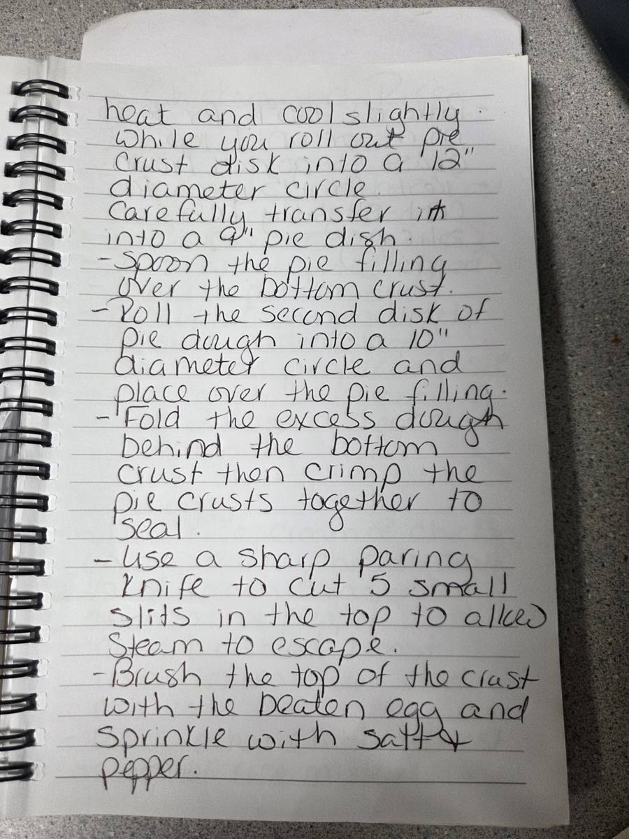 Becky's handwritten Homemade Chicken Pot Pie recipe — notebook page 3